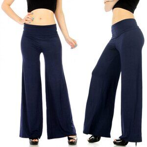 SUPPERLINE Large Flare Flowy Leg Trousers Hi-Waist Band Long Navy Palazzo Pants